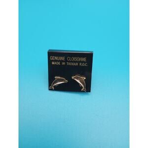 Vintage Cloisonne Killer Whales Orca Pierced Earrings Gold Tone Black White